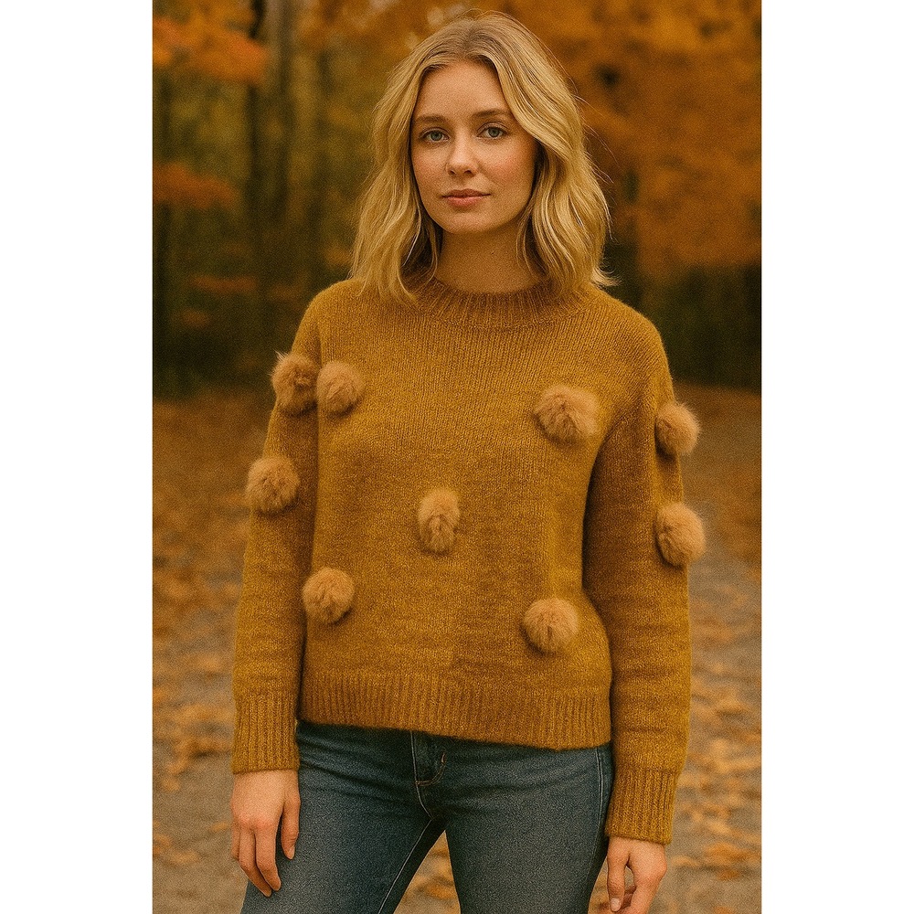 Michelle Nicole Sweater Womens Small Mustard Gold Pullover‎ Faux Fur Pom Poms